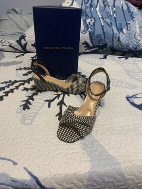 Adrienne Vittadini Black & White Woven Peep-Toe Wedge Sandals with Ankle Strap